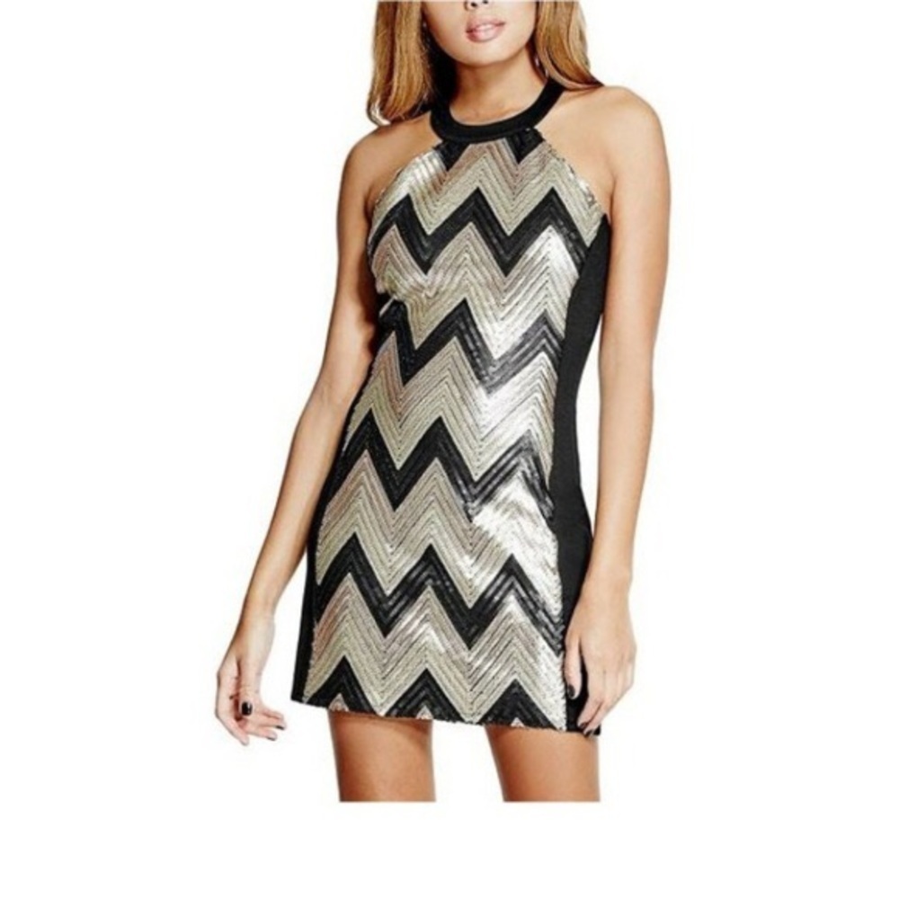 G BY GUESS SABINA GOLD BLACK SEQUIN DRESS SZ S